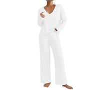 Keepink Lounge Wear Sets for Women UK Tracksuit Knit Ribbed 2 Piece Outfits V Neck Long Sleeve Jumpers + Wide Leg Trousers Pyjamas Set Sleepwear Homewear Travel Sweatsuits Tall/Petite