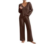 Keepink Lounge Wear Sets for Women UK Tracksuit Knit Ribbed 2 Piece Outfits V Neck Long Sleeve Jumpers + Wide Leg Trousers Pyjamas Set Sleepwear Homewear Travel Sweatsuits Tall/Petite