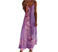 Keepink Maxi Dresses for Women UK V Neck Spaghetti Strap Dress Printed Casual Dress Eleagnt Bridesmaid Wedding Guest Dresses Boho Beach Long Dress Plus Size S-3XL Clearance