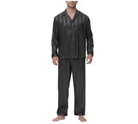 Keepink Men's Satin Pajama Set Silk Effect Sleepwear Classic Long Sleeve Button Front Tops and Long Pants Sleepwear Two-Pieces Loungewear with Pockets Luxury Nightwear for Men