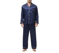 Keepink Men's Satin Pajama Set Silk Effect Sleepwear Classic Long Sleeve Button Front Tops and Long Pants Sleepwear Two-Pieces Loungewear with Pockets Luxury Nightwear for Men