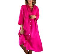 Keepink Midi Dresses for Women UK 3/4 Sleeve Collar Button Up Shirts Dress Womens Plus Size Linen Casual Oversized Tunic Dress Elegant Work Office Dress Ladies Dress 8-20 Clearance