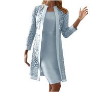 Keepink Mother of The Bride 2 Pieces Outfits - Elegant Dress Suits With Lace Hollow Out Long Sleeve Cardigan + Sleeveless Dress for Wedding Guests