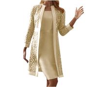 Keepink Mother of The Bride Dresses - Womens 2 Piece Outfits: Elegant Lace Hollow Out Long Sleeve Cardigan & Sleeveless Dress - Wedding Guest Dress Sets