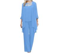 Keepink Mother of The Bride Outfits Women's Lace Sleeveless Chiffon Shirt Plain Front Cardigan High Waist Party Festive Trousers Tulle Cardigan Vintage 3 Piece Business Suit
