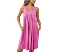 Keepink Nightdress for Women UK Summer Sleeveless Round Neck Nightgowns Solid Pleated Front Nightshirt Loose Tunic Sleepwear Casual Sundresses Knee Length Tank Dress with Pocket