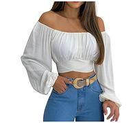 Keepink Off Shoulder Tops for Women UK Ruffle Long Sleeve Chiffon Blouse Sexy Floral Print Crop Top Elegant Boat Neck Loose Shirt Basic Summer Blouses Going Out T-Shirts Clearance