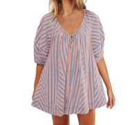 Keepink Oversized Rompers for Women Loose Shorts Jumpsuit Lantern Short Sleeve Drawstring Playsuit Ruched Ladies Stripe Printing Athletic Workout Overalls Trendy Streetwear