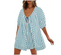 Keepink Oversized Rompers for Women Loose Shorts Jumpsuit Lantern Short Sleeve Drawstring Playsuit Ruched Ladies Stripe Printing Athletic Workout Overalls Trendy Streetwear