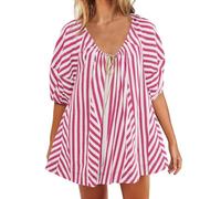 Keepink Oversized Rompers for Women Loose Shorts Jumpsuit Lantern Short Sleeve Drawstring Playsuit Ruched Ladies Stripe Printing Athletic Workout Overalls Trendy Streetwear