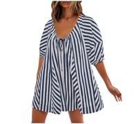 Keepink Oversized Rompers for Women Loose Shorts Jumpsuit Lantern Short Sleeve Drawstring Playsuit Ruched Ladies Stripe Printing Athletic Workout Overalls Trendy Streetwear