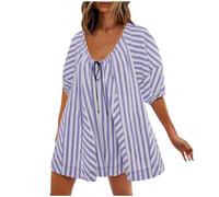 Keepink Oversized Rompers for Women Loose Shorts Jumpsuit Lantern Short Sleeve Drawstring Playsuit Ruched Ladies Stripe Printing Athletic Workout Overalls Trendy Streetwear