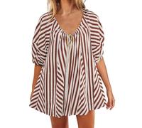 Keepink Oversized Rompers for Women Loose Shorts Jumpsuit Lantern Short Sleeve Drawstring Playsuit Ruched Ladies Stripe Printing Athletic Workout Overalls Trendy Streetwear