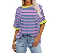 Keepink Oversized T Shirts for Women Short Sleeve Crew Neck Summer Tops Striped Color Block Loose Casual Shirts Basic Pullover Tee Ladies Long Length Tops Tunic Blouse Clearance