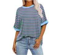 Keepink Oversized T Shirts for Women Short Sleeve Crew Neck Summer Tops Striped Color Block Loose Casual Shirts Basic Pullover Tee Ladies Long Length Tops Tunic Blouse Clearance
