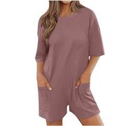 Keepink Oversized Tee Rompers Women Wide Leg Short Jumpsuits Short Sleeve Athletic Romper Summer Casual Onesie with Pockets Cute Hot Shot Overalls Shorts for Girls UK Petite