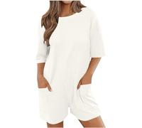 Keepink Oversized Tee Rompers Women Wide Leg Short Jumpsuits Short Sleeve Athletic Romper Summer Casual Onesie with Pockets Cute Hot Shot Overalls Shorts for Girls UK Petite