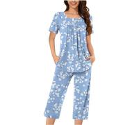Keepink Pjs for Women Sets Plus Size 8-18 Summer Two Piece Pajama Sets Pleated Short Sleeve Tops with Comfy Capri Pants Lounge Homewear Sleepwear Ladies Trouser Suits Nightwear Sale