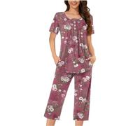 Keepink Pjs for Women Sets Plus Size 8-18 Summer Two Piece Pajama Sets Pleated Short Sleeve Tops with Comfy Capri Pants Lounge Homewear Sleepwear Ladies Trouser Suits Nightwear Sale