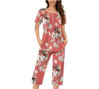 Keepink Pjs for Women Sets Plus Size 8-18 Summer Two Piece Pajama Sets Pleated Short Sleeve Tops with Comfy Capri Pants Lounge Homewear Sleepwear Ladies Trouser Suits Nightwear Sale