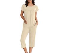 Keepink Pjs for Women Sets Summer Two Piece Pajama Sets Pleated Short Sleeve Top with Comfy Capri Pants Lounge Sleepwear Ladies Pjs Set with Pockets Nightwear Homewear Size 8-16 UK