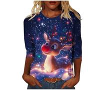 Keepink Plus Size Christmas Jumpers for Women UK 3/4 Sleeve Xmas Tops Cute Animal Graphic T Shirts Novelty Festive Print Tee Round Neck Dressy Casual Blouse Holiday Work Cosy Pullover