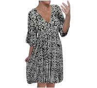 Keepink Plus Size Dresses for Women 14-22 UK 3/4 Bell Sleeve Loose Tunic Dresses V-Neck Casual Short Dress Floral Elegant Petite Boho Dresses Ladies Summer Dresses Wedding Guest