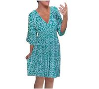 Keepink Plus Size Dresses for Women 14-22 UK 3/4 Bell Sleeve Loose Tunic Dresses V-Neck Casual Short Dress Floral Elegant Petite Boho Dresses Ladies Summer Dresses Wedding Guest