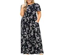 Keepink Plus Size Dresses for Women 20-28 UK Floral Short Sleeve Summer Dress Crew Neck Empire Waist Swing Dress Flowy Boho Maxi Dress Wedding Guest Dresses Party Evening Dresses