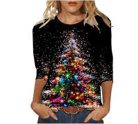 Keepink Plus Size Xmas Jumpers for Women UK Christmas Tree Print T-Shirt Ladies 3/4 Sleeve Round Neck Casual Tops Novelty Funny Sweater Festive Holiday Blouse for Christmas Market Outings