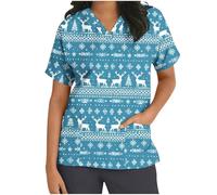 Keepink Scrubs Tops for Women UK Christmas Nurse Shirts Funny Xmas Santa Claus Print Jumpers Loose Tunic Short Sleeve Uniform Top V Neck Dressy Shirt Pockets Practical Caregiver Workwear