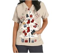 Keepink Scrubs Tops for Women UK Christmas Nurse Shirts Funny Xmas Santa Claus Print Jumpers Loose Tunic Short Sleeve Uniform Top V Neck Dressy Shirt Pockets Practical Caregiver Workwear