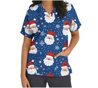 Keepink Scrubs Tops for Women UK Christmas Nurse Shirts Funny Xmas Santa Claus Print Jumpers Loose Tunic Short Sleeve Uniform Top V Neck Dressy Shirt Pockets Practical Caregiver Workwear