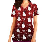 Keepink Scrubs Tops for Women UK Christmas Nurse Shirts Funny Xmas Santa Claus Print Jumpers Loose Tunic Short Sleeve Uniform Top V Neck Dressy Shirt Pockets Practical Caregiver Workwear
