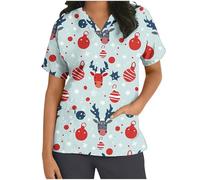 Keepink Scrubs Tops for Women UK Christmas Nurse Shirts Funny Xmas Santa Claus Print Jumpers Loose Tunic Short Sleeve Uniform Top V Neck Dressy Shirt Pockets Practical Caregiver Workwear