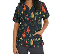 Keepink Scrubs Tops for Women UK Christmas Nurse Shirts Funny Xmas Santa Claus Print Jumpers Loose Tunic Short Sleeve Uniform Top V Neck Dressy Shirt Pockets Practical Caregiver Workwear