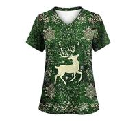 Keepink Scrubs Tops for Women UK Christmas Nurse Shirts Funny Xmas Santa Claus Print Jumpers Loose Tunic Short Sleeve Uniform Top V Neck Dressy Shirt Pockets Practical Caregiver Workwear