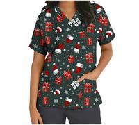 Keepink Scrubs Tops for Women UK Christmas Nurse Shirts Funny Xmas Santa Claus Print Jumpers Loose Tunic Short Sleeve Uniform Top V Neck Dressy Shirt Pockets Practical Caregiver Workwear