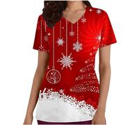 Keepink Scrubs Tops for Women UK Christmas Nurse Shirts Funny Xmas Santa Claus Print Jumpers Loose Tunic Short Sleeve Uniform Top V Neck Dressy Shirt Pockets Practical Caregiver Workwear