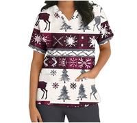 Keepink Scrubs Tops for Women UK Christmas Nurse Shirts Funny Xmas Santa Claus Print Jumpers Loose Tunic Short Sleeve Uniform Top V Neck Dressy Shirt Pockets Practical Caregiver Workwear