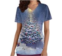 Keepink Scrubs Tops for Women UK Christmas Nurse Shirts Funny Xmas Santa Claus Print Jumpers Loose Tunic Short Sleeve Uniform Top V Neck Dressy Shirt Pockets Practical Caregiver Workwear