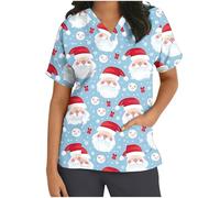 Keepink Scrubs Tops for Women UK Christmas Nurse Shirts Funny Xmas Santa Claus Print Jumpers Loose Tunic Short Sleeve Uniform Top V Neck Dressy Shirt Pockets Practical Caregiver Workwear