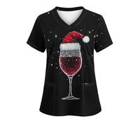 Keepink Scrubs Tops for Women UK Christmas Nurse Shirts Funny Xmas Santa Claus Print Jumpers Loose Tunic Short Sleeve Uniform Top V Neck Dressy Shirt Pockets Practical Caregiver Workwear