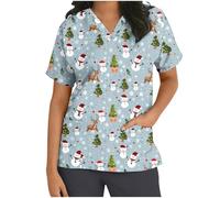 Keepink Scrubs Tops for Women UK Christmas Nurse Shirts Funny Xmas Santa Claus Print Jumpers Loose Tunic Short Sleeve Uniform Top V Neck Dressy Shirt Pockets Practical Caregiver Workwear
