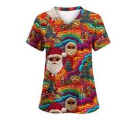 Keepink Scrubs Tops for Women UK Christmas Nurse Shirts Funny Xmas Santa Claus Print Jumpers Loose Tunic Short Sleeve Uniform Top V Neck Dressy Shirt Pockets Practical Caregiver Workwear