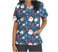 Keepink Scrubs Tops for Women UK Christmas Nurse Shirts Funny Xmas Santa Claus Print Jumpers Loose Tunic Short Sleeve Uniform Top V Neck Dressy Shirt Pockets Practical Caregiver Workwear