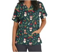 Keepink Scrubs Tops for Women UK Christmas Nurse Shirts Funny Xmas Santa Claus Print Jumpers Loose Tunic Short Sleeve Uniform Top V Neck Dressy Shirt Pockets Practical Caregiver Workwear