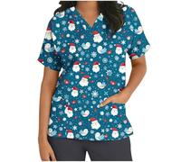 Keepink Scrubs Tops for Women UK Christmas Nurse Shirts Funny Xmas Santa Claus Print Jumpers Loose Tunic Short Sleeve Uniform Top V Neck Dressy Shirt Pockets Practical Caregiver Workwear