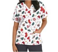 Keepink Scrubs Tops for Women UK Christmas Nurse Shirts Funny Xmas Santa Claus Print Jumpers Loose Tunic Short Sleeve Uniform Top V Neck Dressy Shirt Pockets Practical Caregiver Workwear