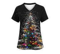 Keepink Scrubs Tops for Women UK Christmas Nurse Shirts Funny Xmas Santa Claus Print Jumpers Loose Tunic Short Sleeve Uniform Top V Neck Dressy Shirt Pockets Practical Caregiver Workwear